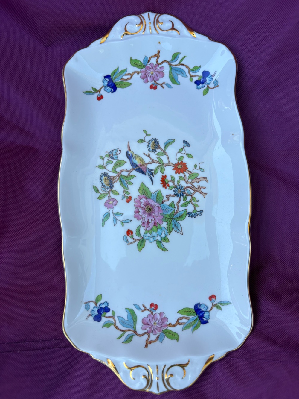 Floral Porcelain Serving Tray in White with Multicolor Bird Motif